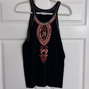 Boston Proper Black and Pink Embellished Tank Top